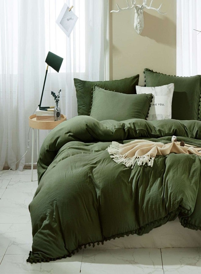 ETDIFFE Dark Olive Green Duvet Cover Queen Size, 3 Piece Boho Bohemian Farmhouse Pom Microfiber Bedding Comforter Cover Set, Soft and Lightweight Quilt Cover (90x90) - Image 2